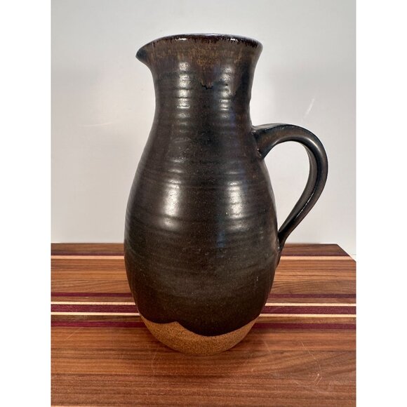 MCM VTG Studio Art Pottery Pitcher, hand thrown stoneware with dark brown and a - Picture 1 of 9